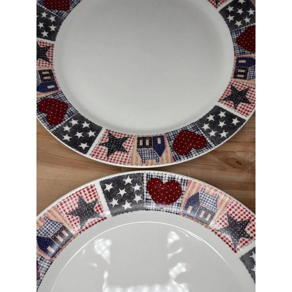 Oneida DC Brown American Quilt Dinner Plates Set of 4 Americana Patriotic 10.5
